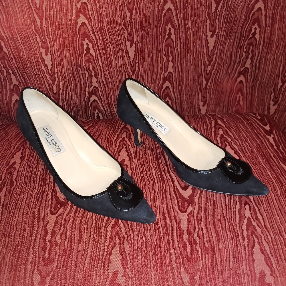JIMMY CHOO Black Pointed Toe Suede Pumps Heels Sz 36.5